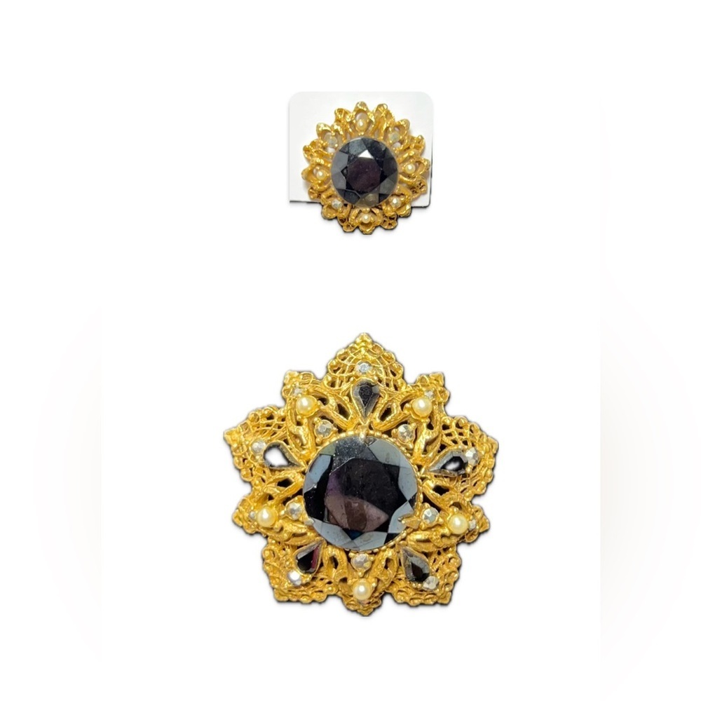 Vintage FLORENZA Gold Tone and Black Rhinestone Brooch and Earring